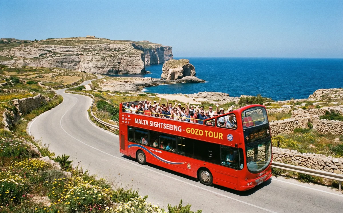 Hop-on hop-off bus on Gozo island with coastal views