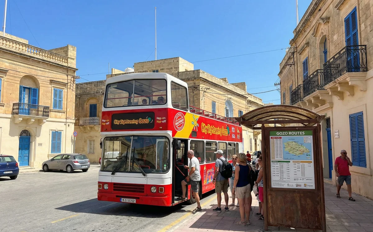 Hop-on hop-off bus and Gozo landscape